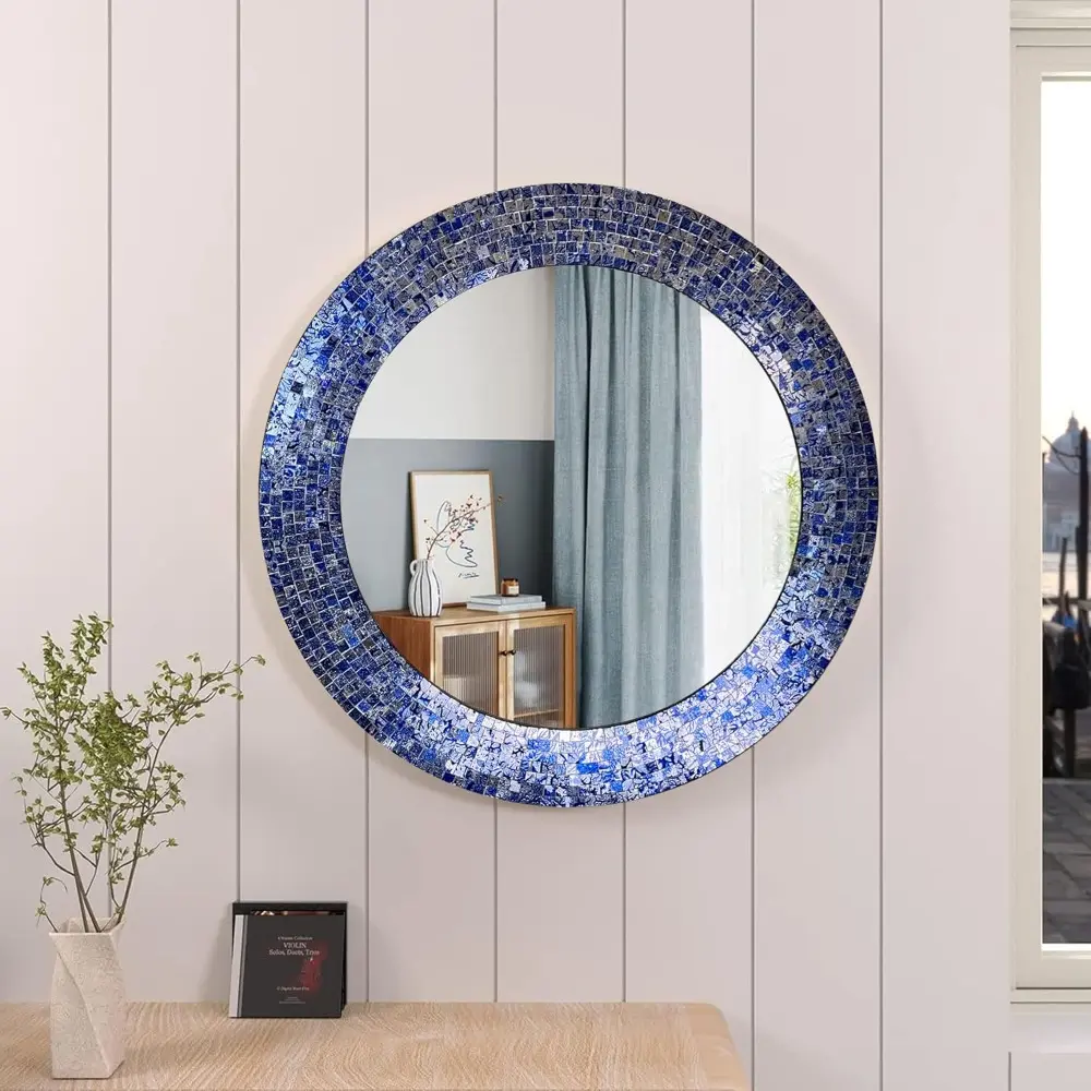 24" Sapphire and Silver, Handmade Wall Mirror, Decorative Glass Mosaic, Mosaic Wall Mirror, Mosaic Round Mirror (Dark Blue)