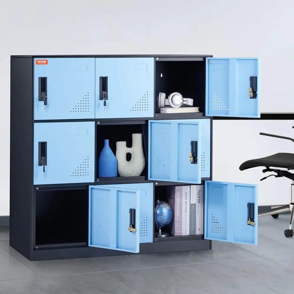 Metal 9 Doors Cabinet with Card Slot, Employee Keys, 66lbs Loading Capacity Storage Lockers for Office, Home, School, Gym, Blac