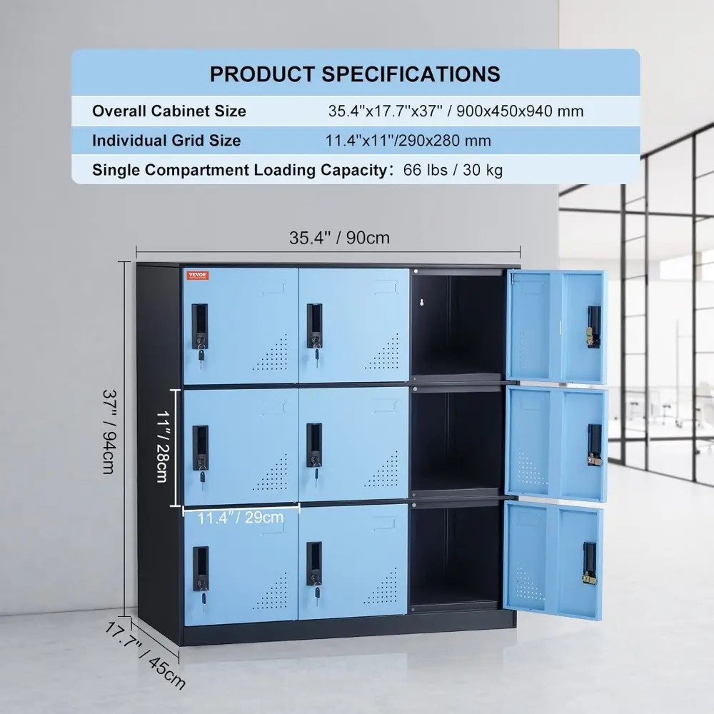 Metal 9 Doors Cabinet with Card Slot, Employee Keys, 66lbs Loading Capacity Storage Lockers for Office, Home, School, Gym, Blac