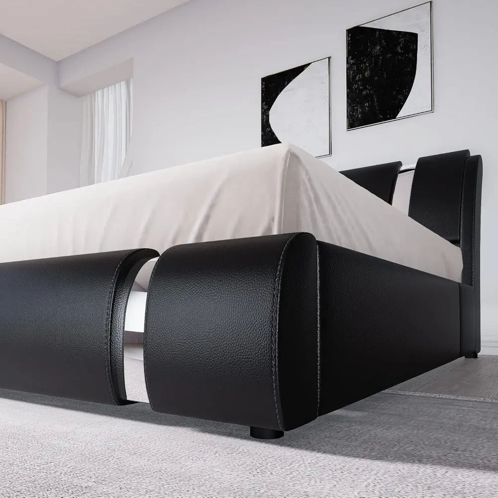 Allewie Queen Bed Frame with Iron Piece Decor, Faux Leather Upholstered Platform Bed with Adjustable Headboard & Strong Wooden S