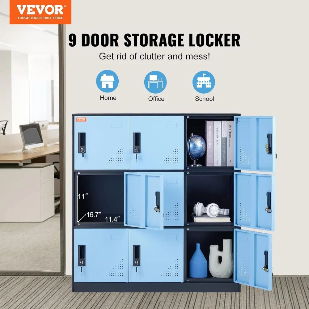Metal 9 Doors Cabinet with Card Slot, Employee Keys, 66lbs Loading Capacity Storage Lockers for Office, Home, School, Gym, Blac