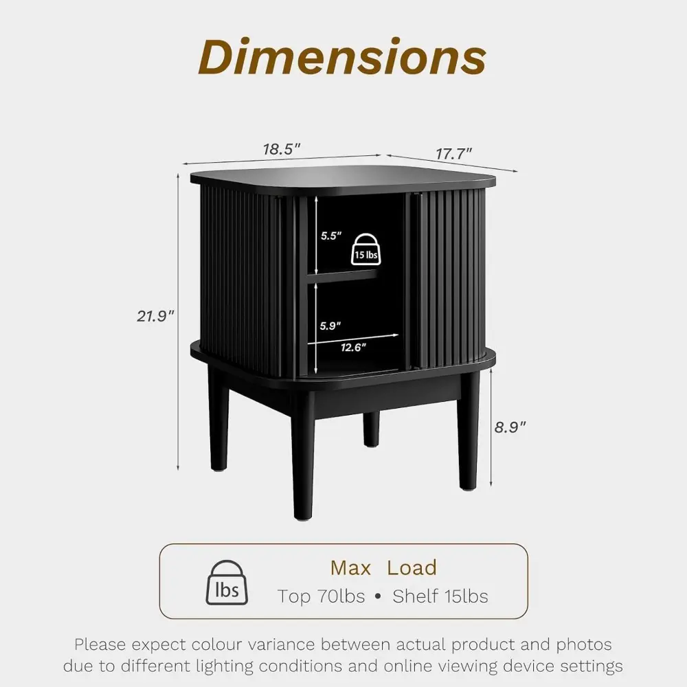 Fluted Nightstand with Sliding Doors, Modern Bedside Table with Solid Wood Legs, Wood Night Stand for Bedroom, Set of 2 (Black)