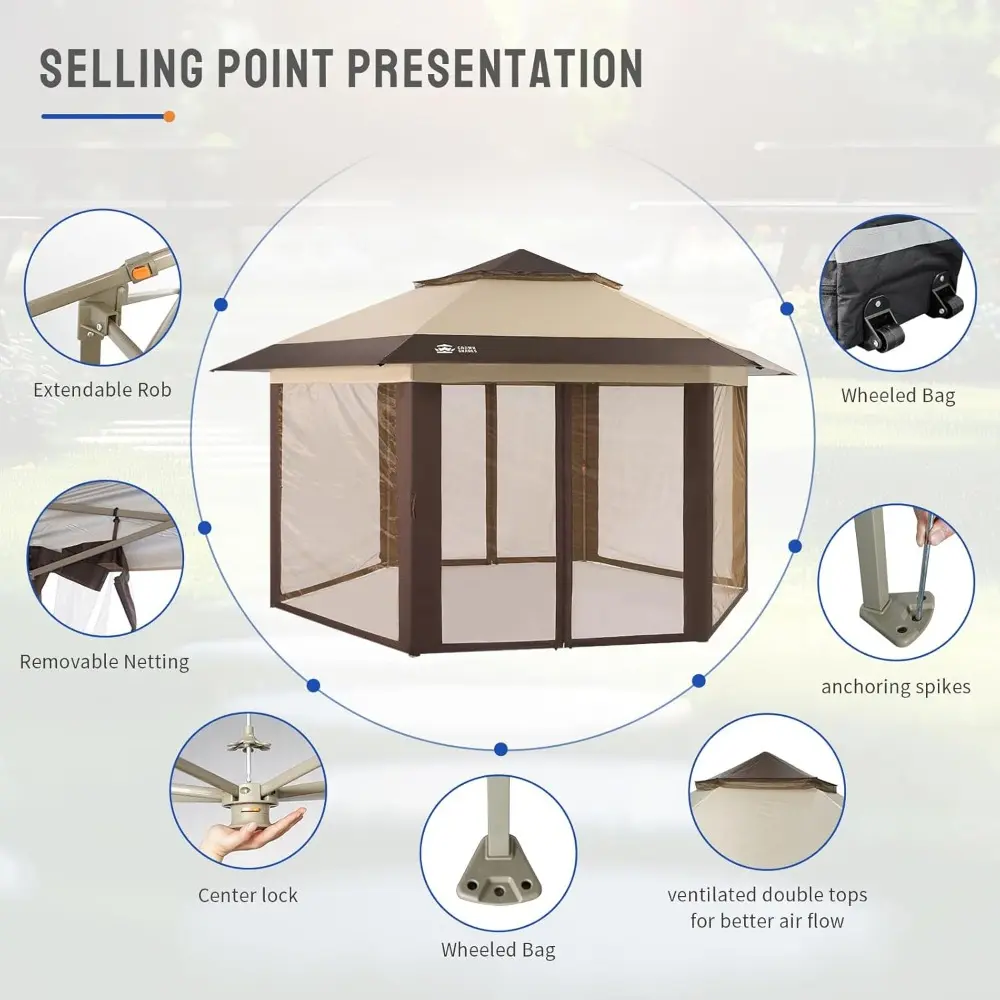 13x13 Pop up Gazebo with Mosquito Nettings, Patented Center Lock 6-Sided Portable Gazebo, 300D Silver-Coated Fabric UV Resistan