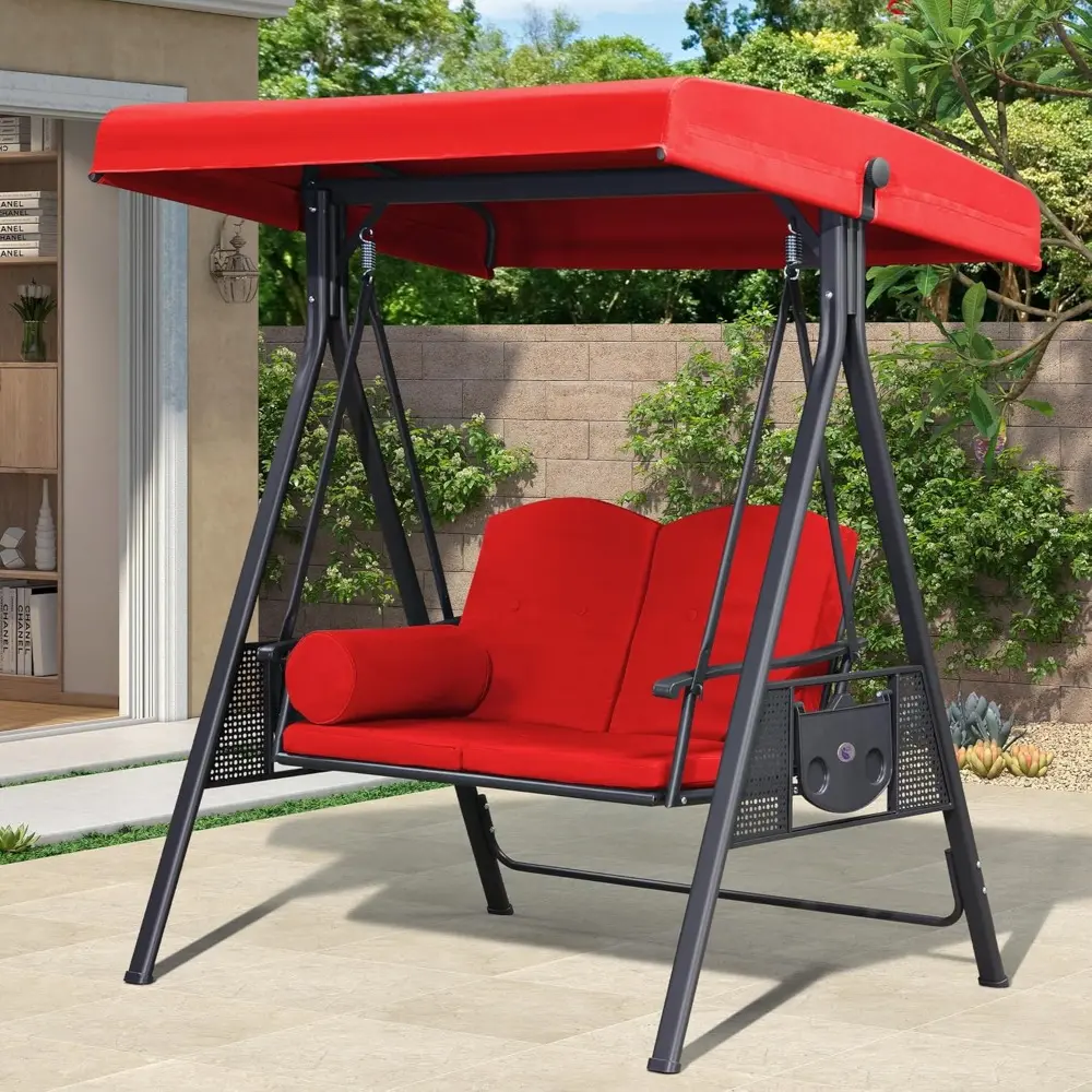 Outdoor Patio Porch Swing with Stand, 2-seat Swing Chair with Adjustable Tilt Canopy All-Weather Steel Frame for Backyard Front