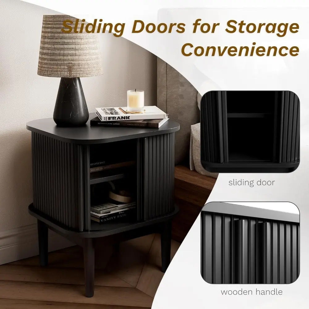 Fluted Nightstand with Sliding Doors, Modern Bedside Table with Solid Wood Legs, Wood Night Stand for Bedroom, Set of 2 (Black)