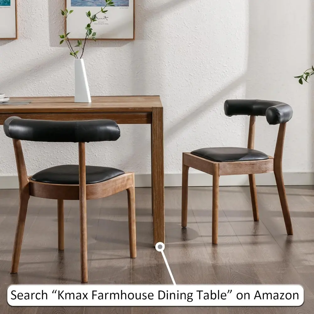 Dining Room Chairs Mid-Century Modern Leather Kitchen Chairs with Natural Walnut Finished Frame, PU Curved Back, 2-Pcs Set, PU