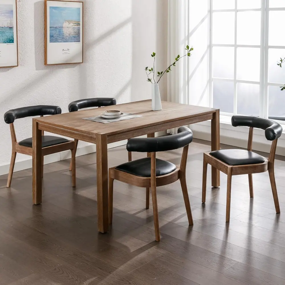 Dining Room Chairs Mid-Century Modern Leather Kitchen Chairs with Natural Walnut Finished Frame, PU Curved Back, 2-Pcs Set, PU