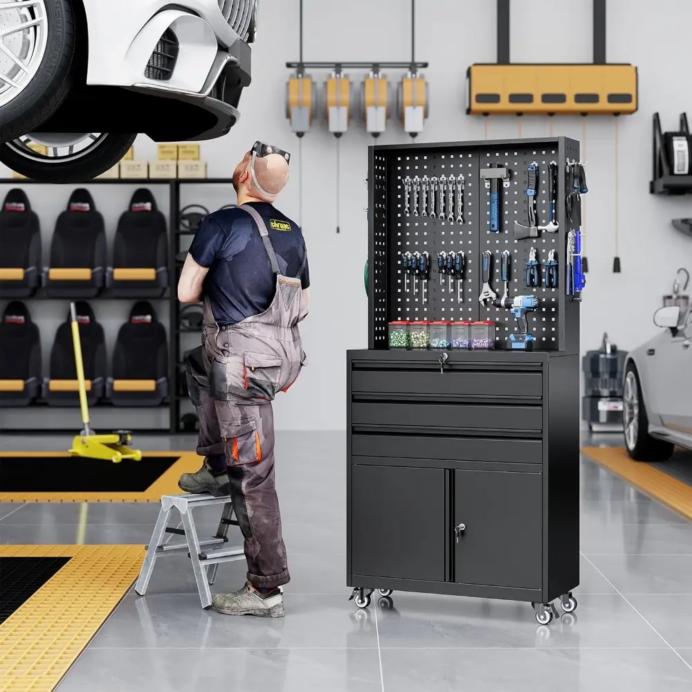 Metal Garage Storage Cabinet with Wheels,3-Drawer Rolling Tool Cabinet with 2 Door and Adjustable Shelves,- 71" Steel Tool Cabi