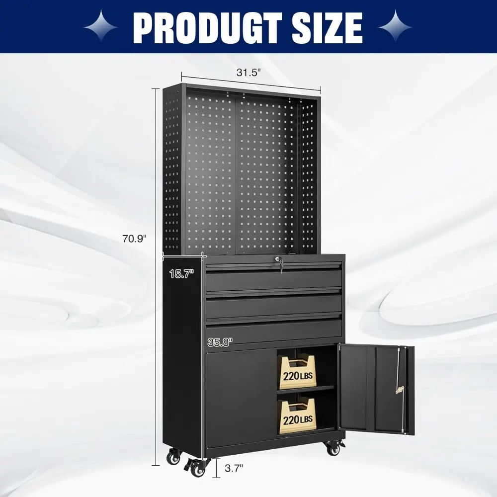 Metal Garage Storage Cabinet with Wheels,3-Drawer Rolling Tool Cabinet with 2 Door and Adjustable Shelves,- 71" Steel Tool Cabi