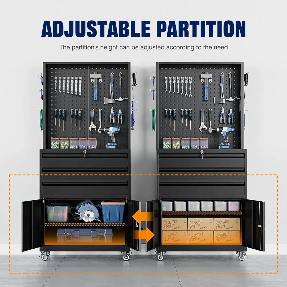 Metal Garage Storage Cabinet with Wheels,3-Drawer Rolling Tool Cabinet with 2 Door and Adjustable Shelves,- 71" Steel Tool Cabi