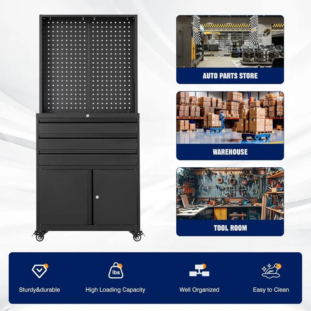 Metal Garage Storage Cabinet with Wheels,3-Drawer Rolling Tool Cabinet with 2 Door and Adjustable Shelves,- 71" Steel Tool Cabi