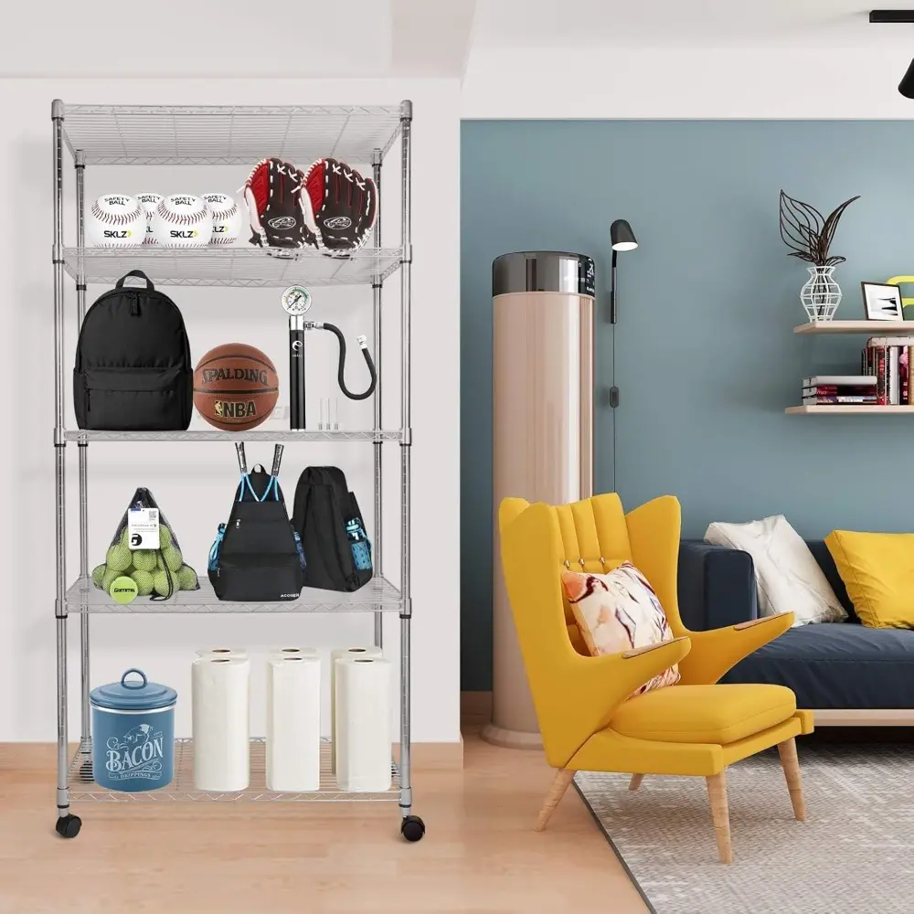 Heavy Duty 5-Shelf Storage Shelves, 1750Lb Loading Capacity, 35.43" W x 17.72" D x 70.87" H Adjustable Shelving Unit with Wheel