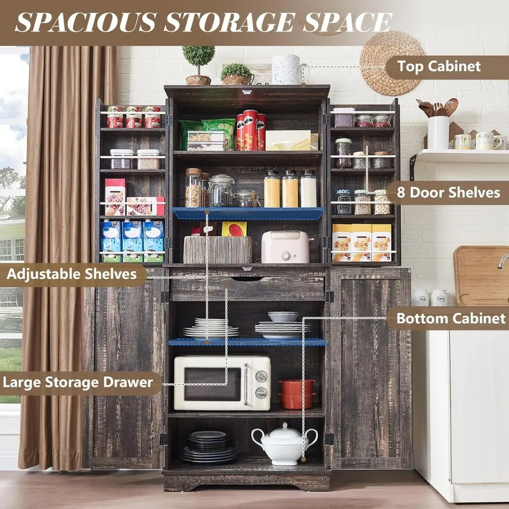 72" Tall Farmhouse Kitchen Pantry Cabinet with Door Organizer & Adjustable Shelves, Wooden Storage Cupboard with Drawer and Bar