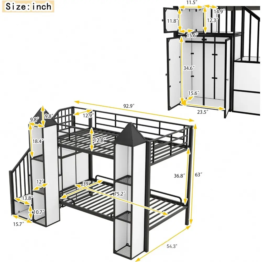 Harper & Bright Designs Twin Size Bunk Bed, Castle Shaped Metal Bed Frames with Wardrobe and Multiple Storage, Safety Guardrail.