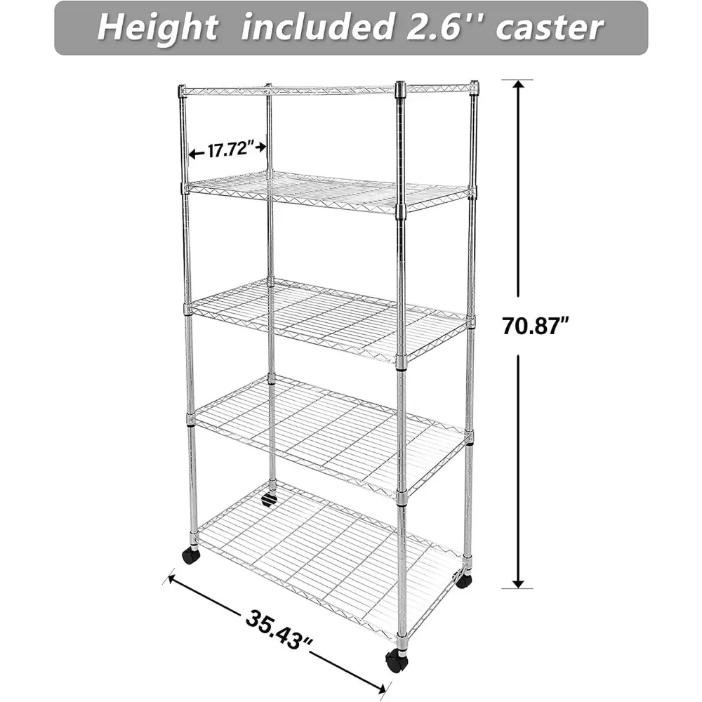 Heavy Duty 5-Shelf Storage Shelves, 1750Lb Loading Capacity, 35.43" W x 17.72" D x 70.87" H Adjustable Shelving Unit with Wheel