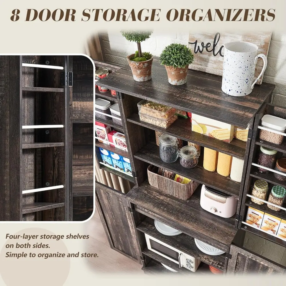 72" Tall Farmhouse Kitchen Pantry Cabinet with Door Organizer & Adjustable Shelves, Wooden Storage Cupboard with Drawer and Bar