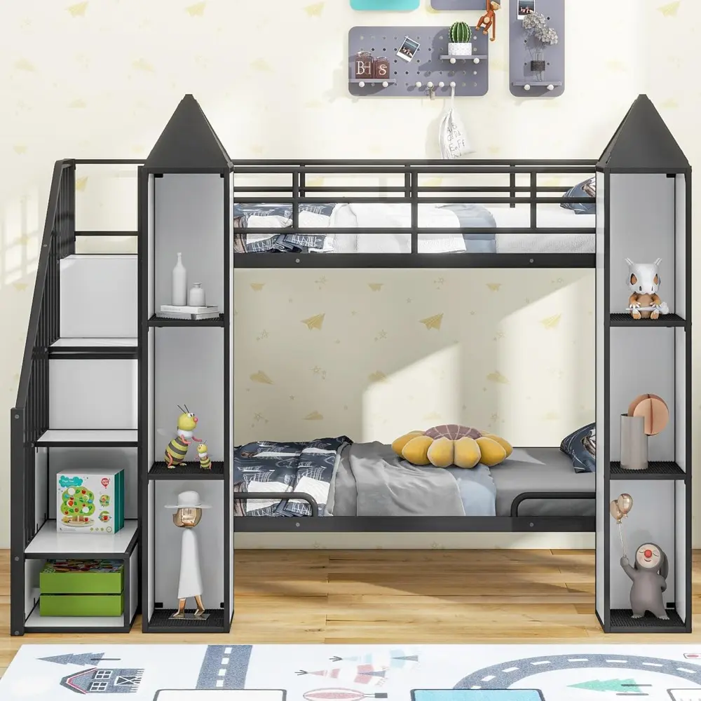 Harper & Bright Designs Twin Size Bunk Bed, Castle Shaped Metal Bed Frames with Wardrobe and Multiple Storage, Safety Guardrail.