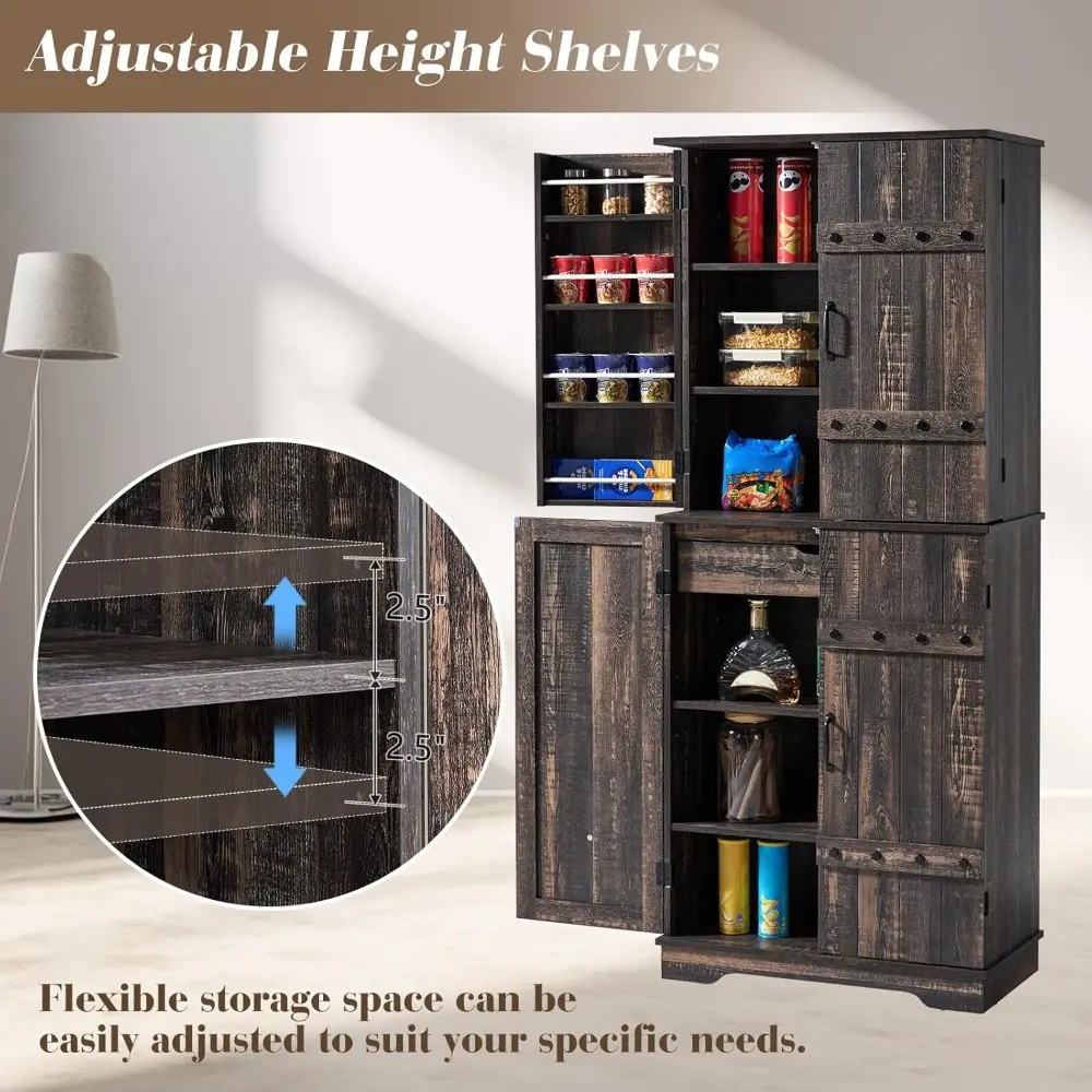 72" Tall Farmhouse Kitchen Pantry Cabinet with Door Organizer & Adjustable Shelves, Wooden Storage Cupboard with Drawer and Bar