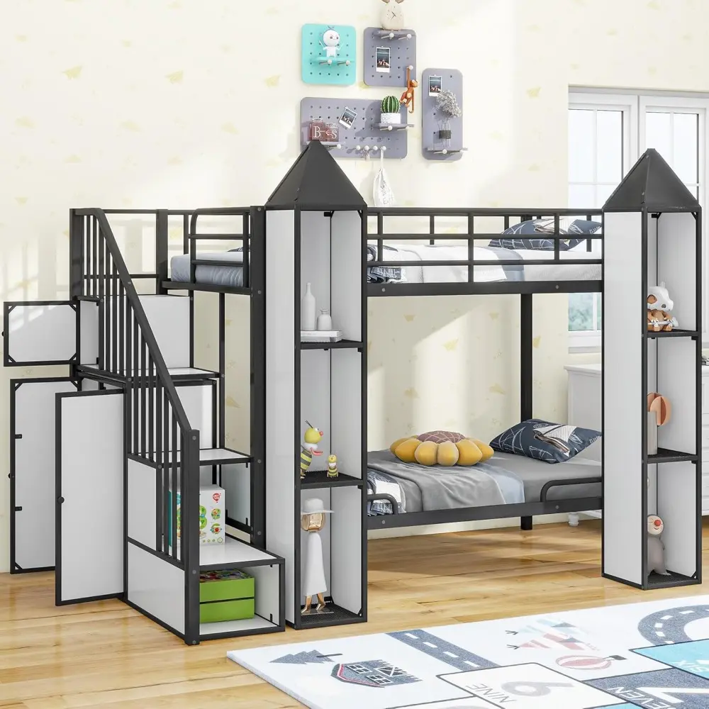 Harper & Bright Designs Twin Size Bunk Bed, Castle Shaped Metal Bed Frames with Wardrobe and Multiple Storage, Safety Guardrail.