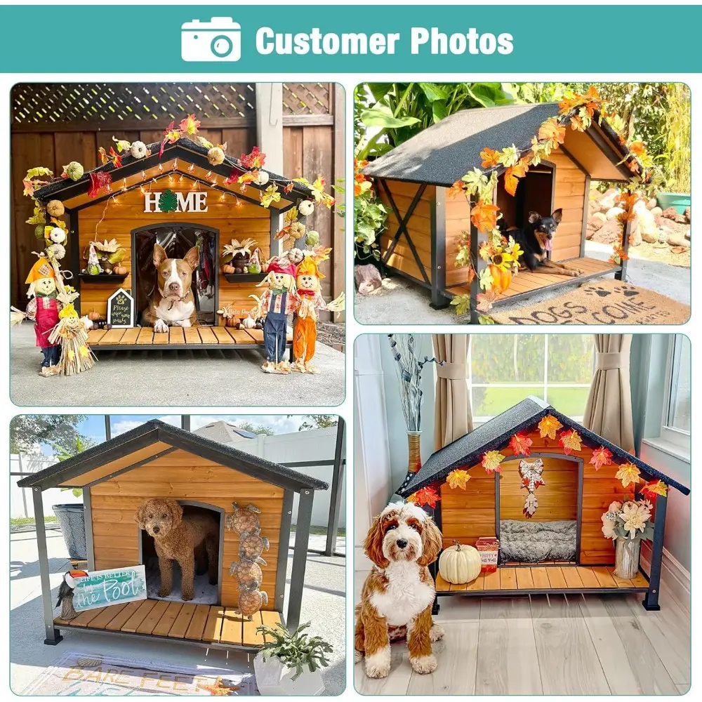 Outdoor Dog House,Weatherproof Wooden Dog Shelter for Medium to Large Sized Dogs,Iron Frame Indoor Outdoor Doghouse,Puppy Kennel