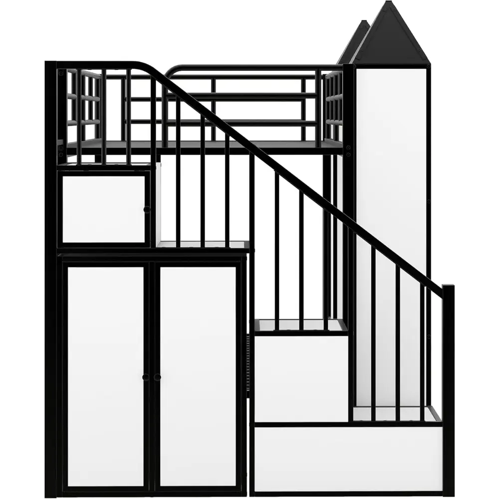 Harper & Bright Designs Twin Size Bunk Bed, Castle Shaped Metal Bed Frames with Wardrobe and Multiple Storage, Safety Guardrail.