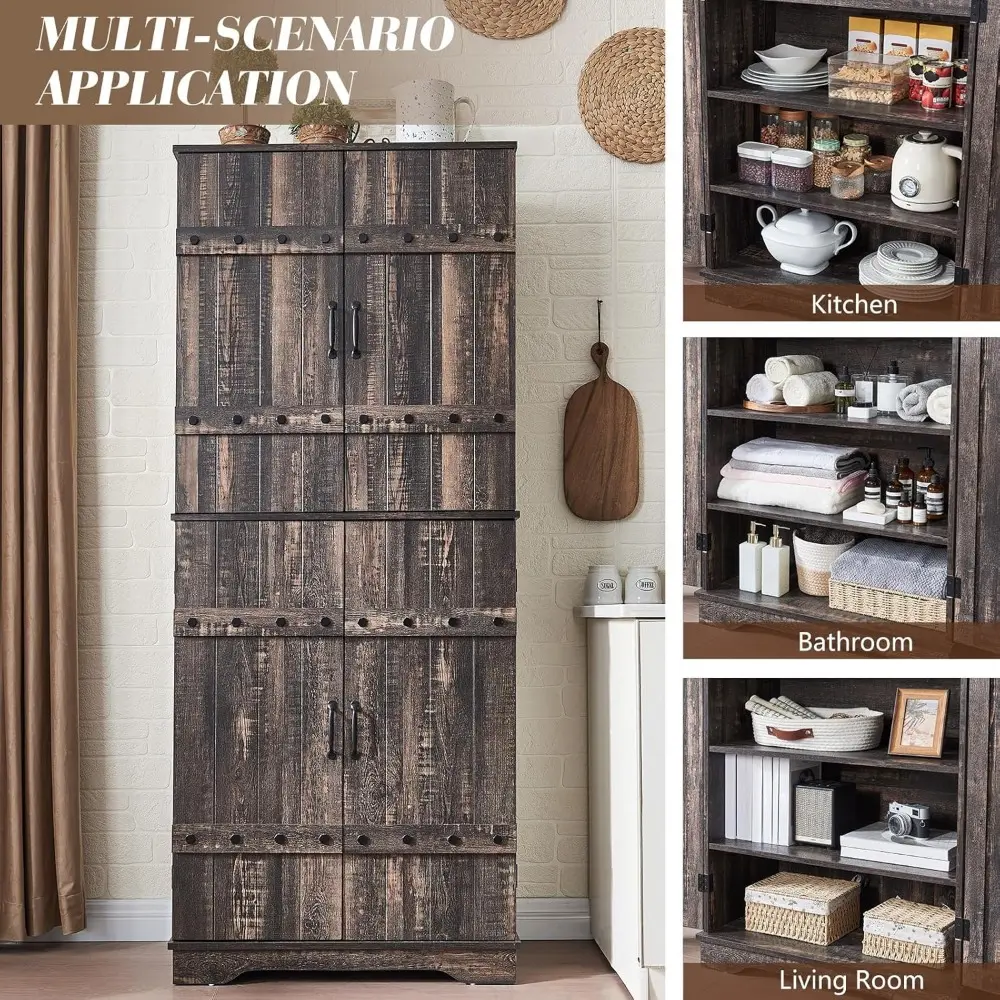 72" Tall Farmhouse Kitchen Pantry Cabinet with Door Organizer & Adjustable Shelves, Wooden Storage Cupboard with Drawer and Bar
