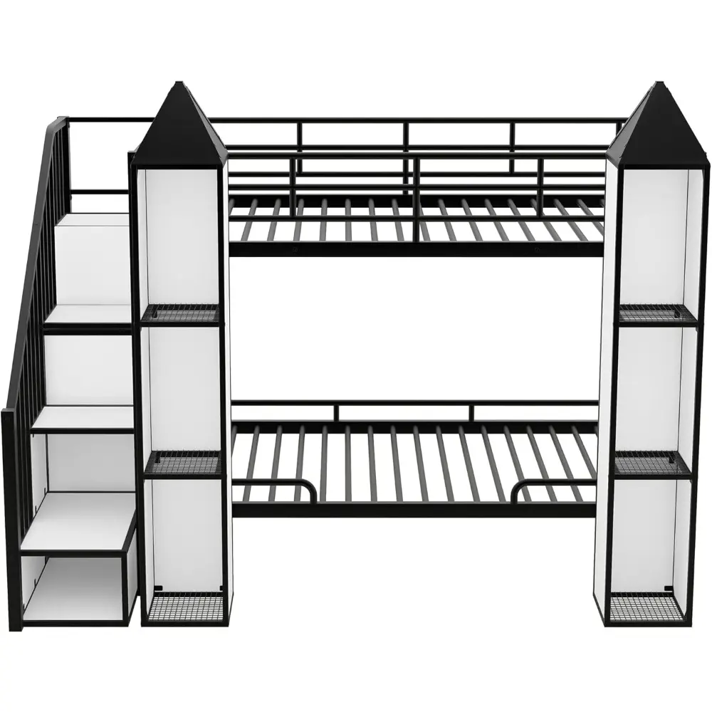 Harper & Bright Designs Twin Size Bunk Bed, Castle Shaped Metal Bed Frames with Wardrobe and Multiple Storage, Safety Guardrail.