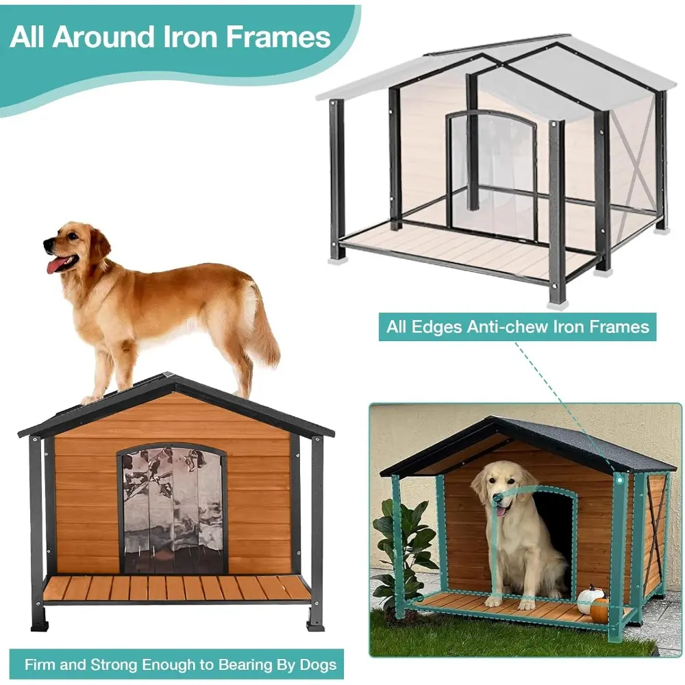 Outdoor Dog House,Weatherproof Wooden Dog Shelter for Medium to Large Sized Dogs,Iron Frame Indoor Outdoor Doghouse,Puppy Kennel
