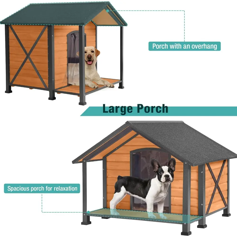 Outdoor Dog House,Weatherproof Wooden Dog Shelter for Medium to Large Sized Dogs,Iron Frame Indoor Outdoor Doghouse,Puppy Kennel