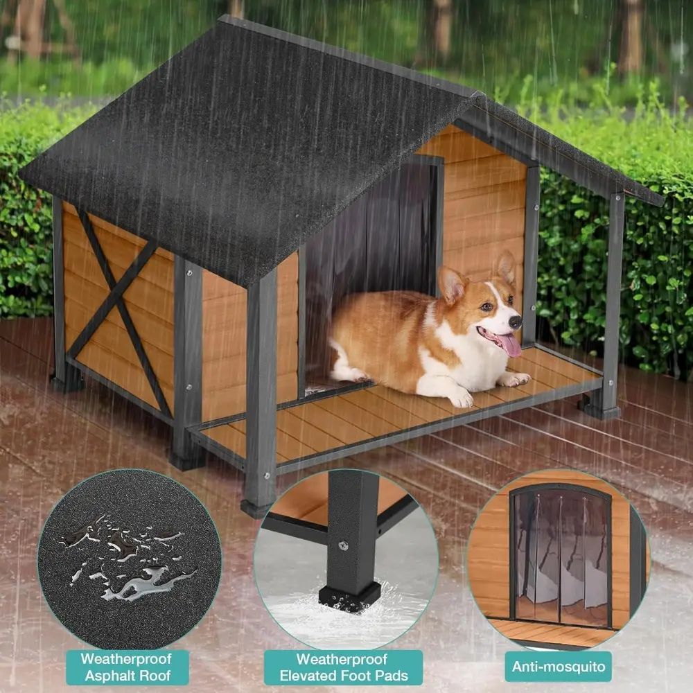 Outdoor Dog House,Weatherproof Wooden Dog Shelter for Medium to Large Sized Dogs,Iron Frame Indoor Outdoor Doghouse,Puppy Kennel
