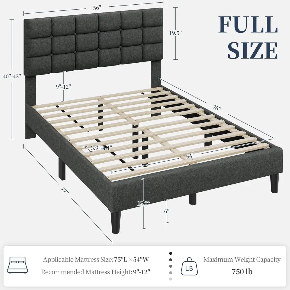 Yaheetech Upholstered Bed Frame, Modern Full Bed Platform with Square Stitched&Button Tufting Headboard Height Adjustable, Woode