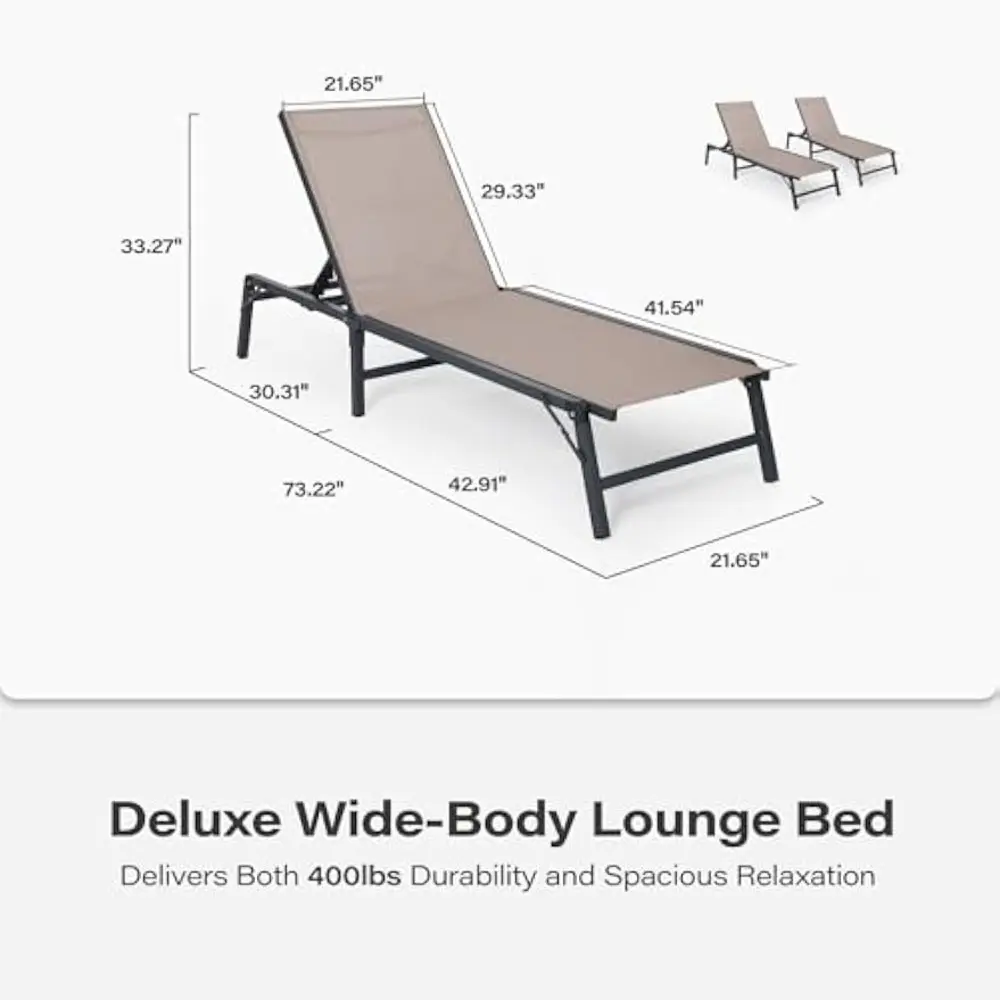 Pool Lounge Chairs Set of 2, Tanning Chairs with 5-Position Adjustable Backrest, Outdoor Chaise for Pool, Beach, Patio and Back
