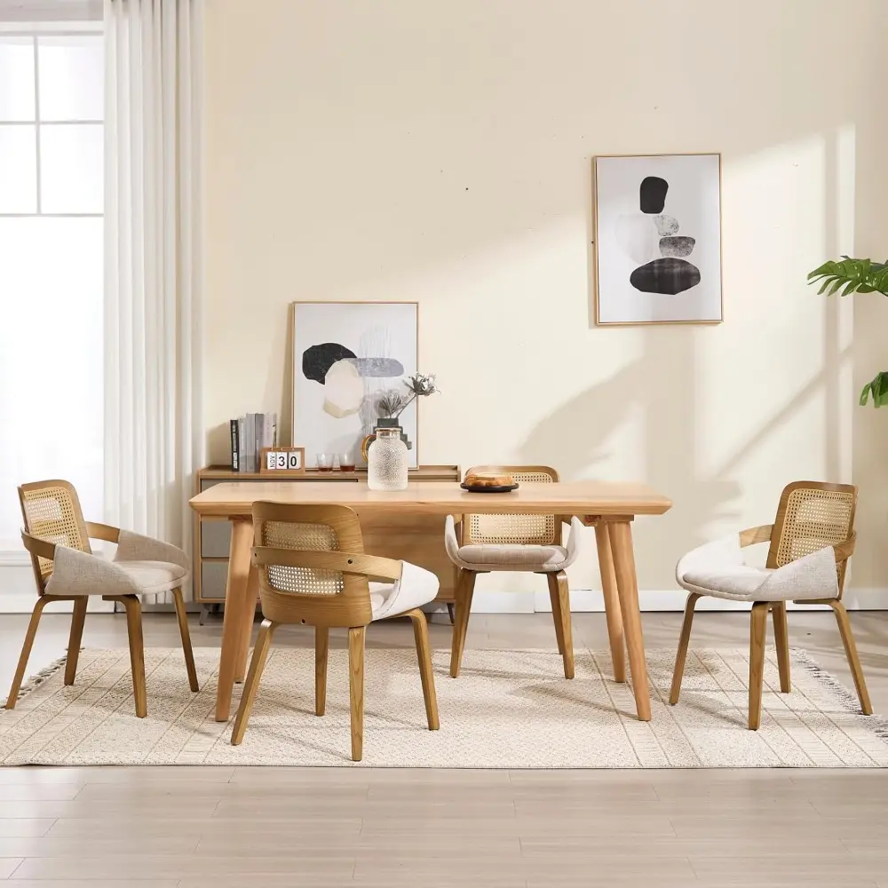 Modern Linen Dining Chairs Set of 4, Cane Back Room Chairs with Solid Wood Legs Kitchen Chairs for Living Room, Restaurant, Bei