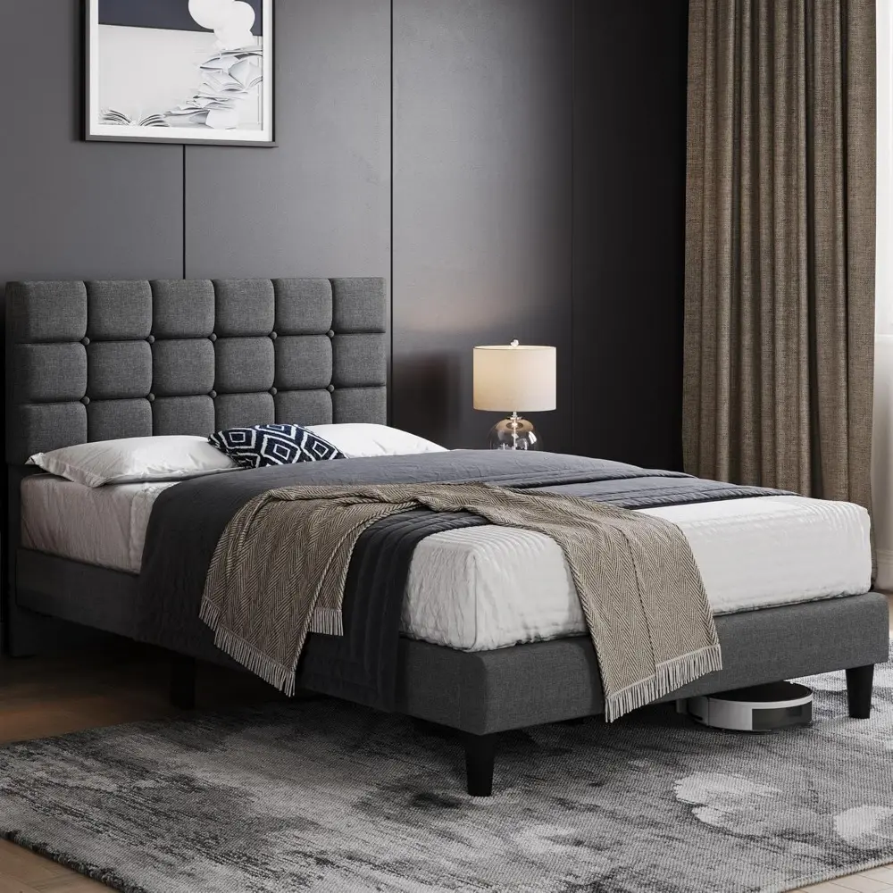 Yaheetech Upholstered Bed Frame, Modern Full Bed Platform with Square Stitched&Button Tufting Headboard Height Adjustable, Woode