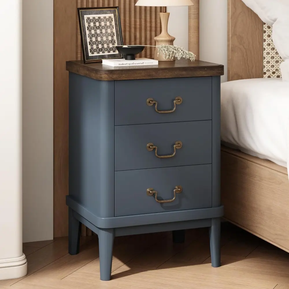Farmhouse Nightstand with 3 Drawers，Modern Bedside Table with Round Curved Corner and Metal Handles, Wood End Side Table for Li