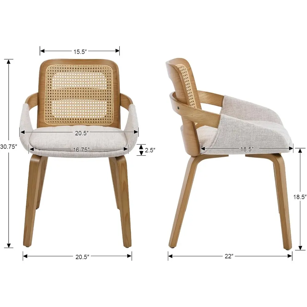 Modern Linen Dining Chairs Set of 4, Cane Back Room Chairs with Solid Wood Legs Kitchen Chairs for Living Room, Restaurant, Bei