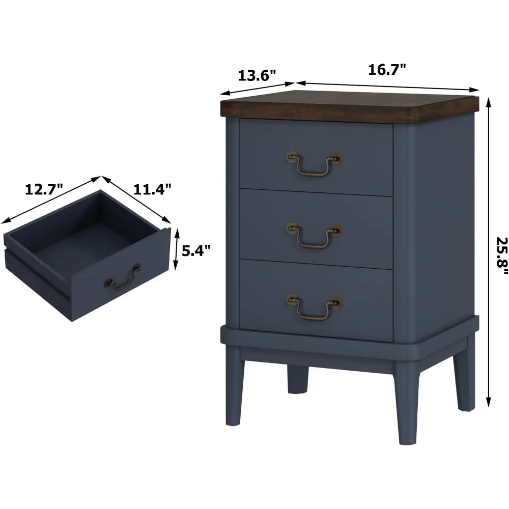 Farmhouse Nightstand with 3 Drawers，Modern Bedside Table with Round Curved Corner and Metal Handles, Wood End Side Table for Li