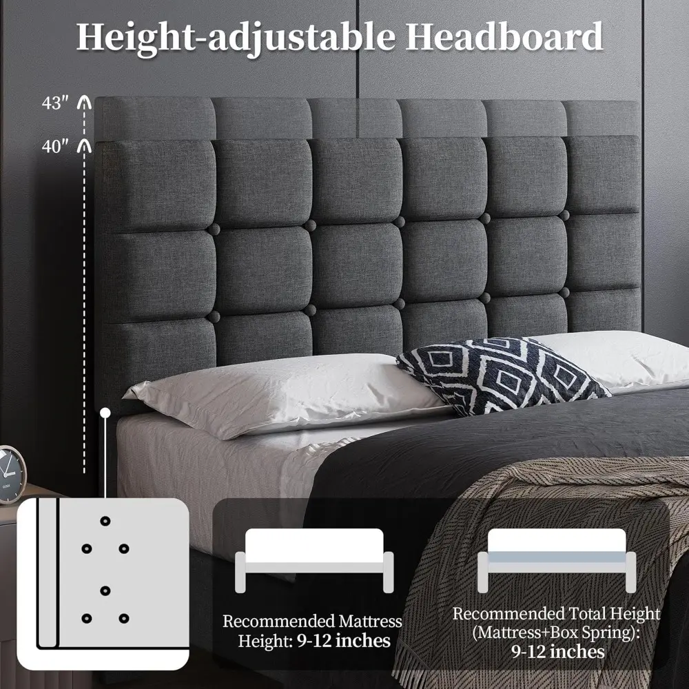 Yaheetech Upholstered Bed Frame, Modern Full Bed Platform with Square Stitched&Button Tufting Headboard Height Adjustable, Woode