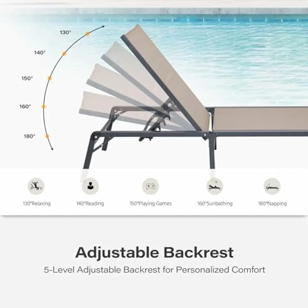 Pool Lounge Chairs Set of 2, Tanning Chairs with 5-Position Adjustable Backrest, Outdoor Chaise for Pool, Beach, Patio and Back