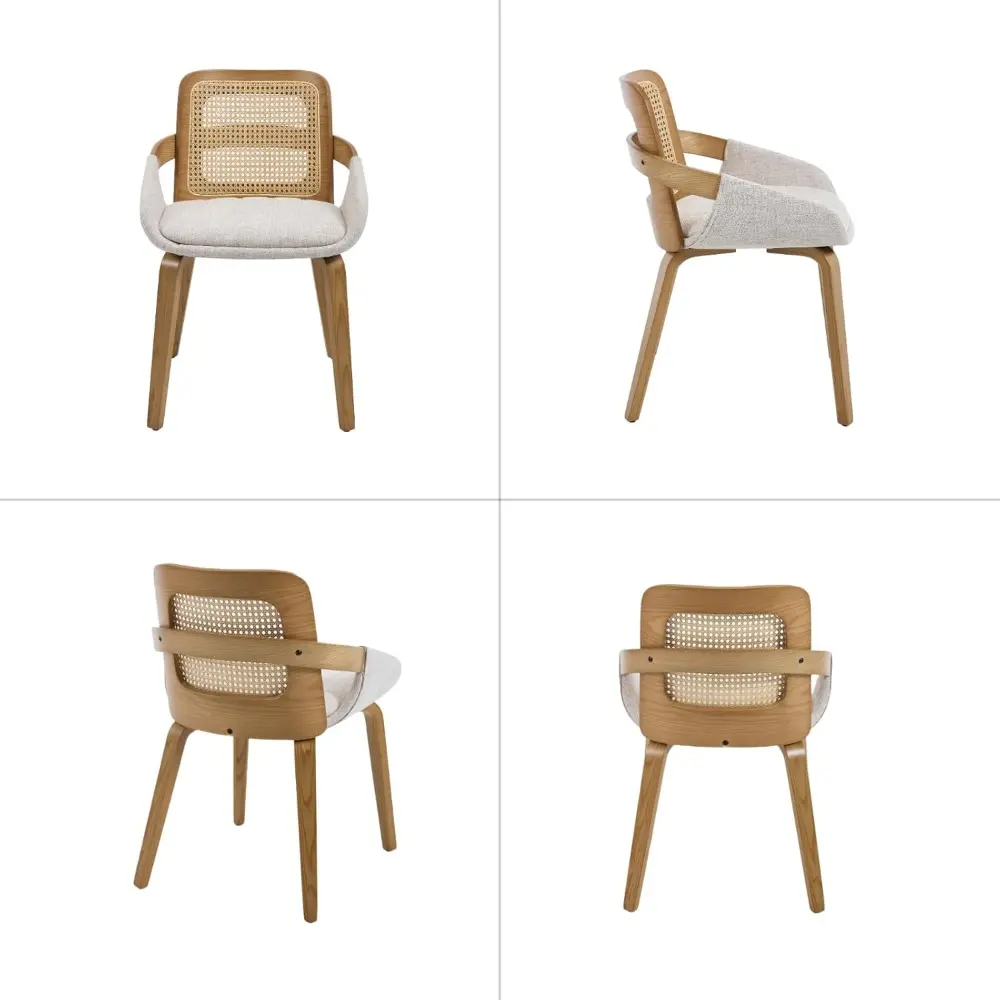 Modern Linen Dining Chairs Set of 4, Cane Back Room Chairs with Solid Wood Legs Kitchen Chairs for Living Room, Restaurant, Bei