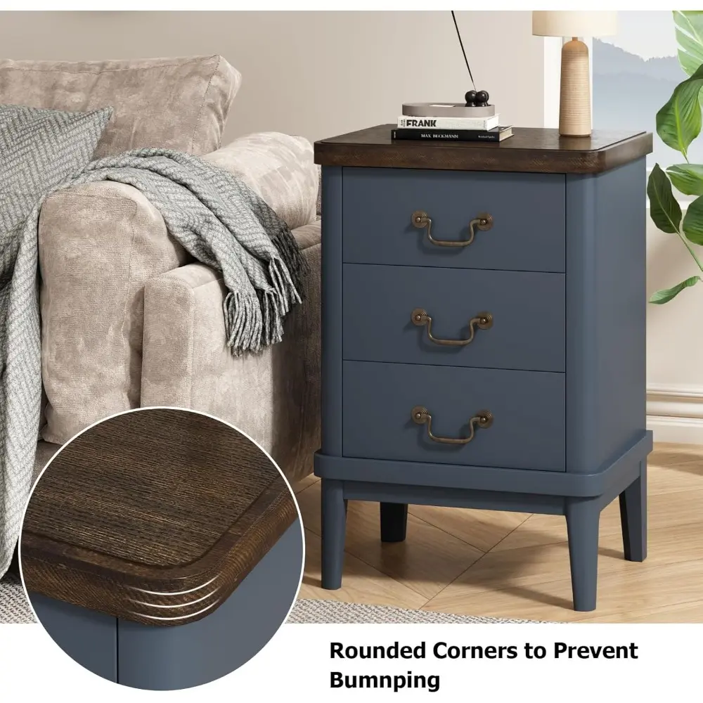 Farmhouse Nightstand with 3 Drawers，Modern Bedside Table with Round Curved Corner and Metal Handles, Wood End Side Table for Li