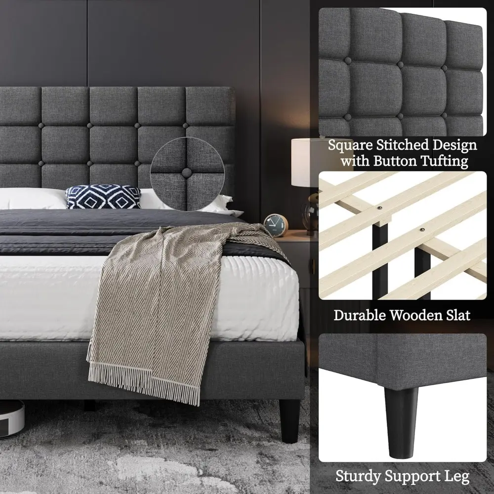 Yaheetech Upholstered Bed Frame, Modern Full Bed Platform with Square Stitched&Button Tufting Headboard Height Adjustable, Woode