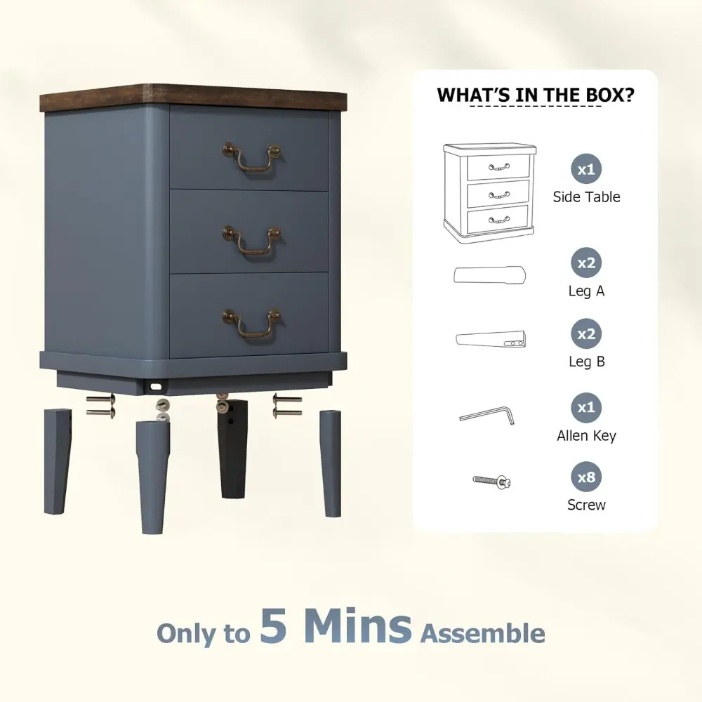 Farmhouse Nightstand with 3 Drawers，Modern Bedside Table with Round Curved Corner and Metal Handles, Wood End Side Table for Li