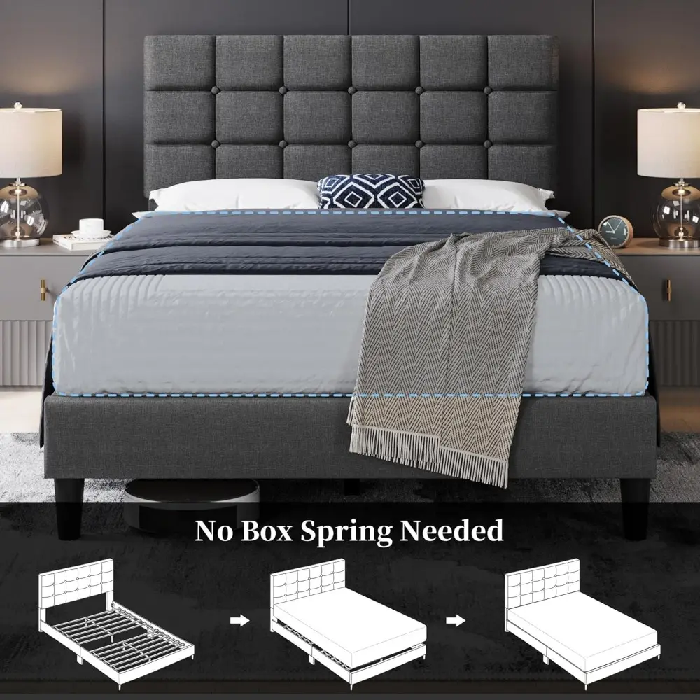 Yaheetech Upholstered Bed Frame, Modern Full Bed Platform with Square Stitched&Button Tufting Headboard Height Adjustable, Woode