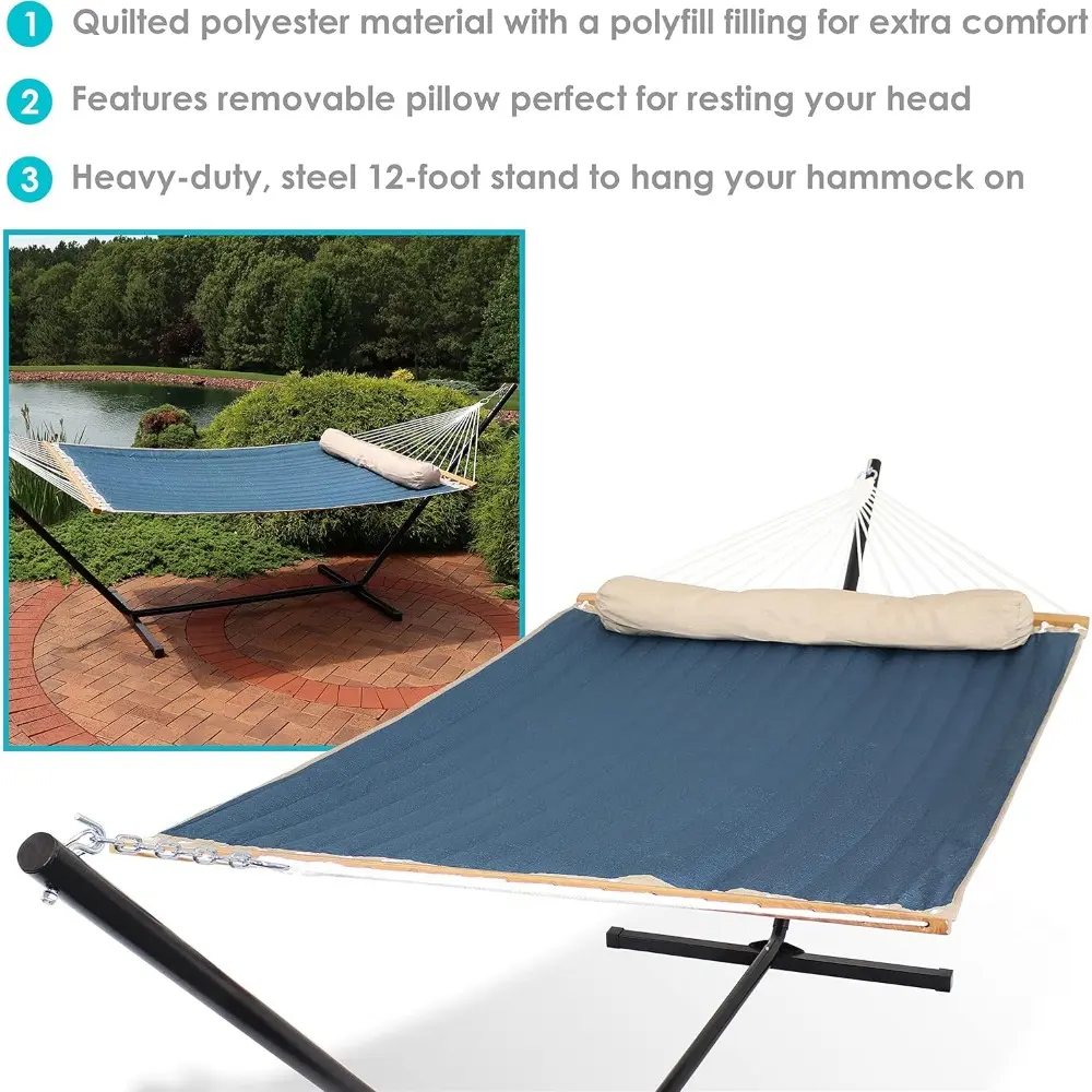 Double Quilted Fabric Hammock with Stand and Pillow - 350 Pound Capacity - Black Stand - Tidal Wave