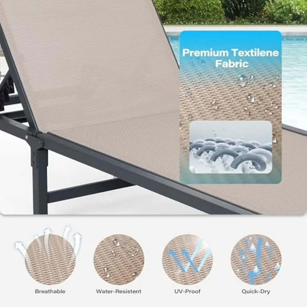 Pool Lounge Chairs Set of 2, Tanning Chairs with 5-Position Adjustable Backrest, Outdoor Chaise for Pool, Beach, Patio and Back