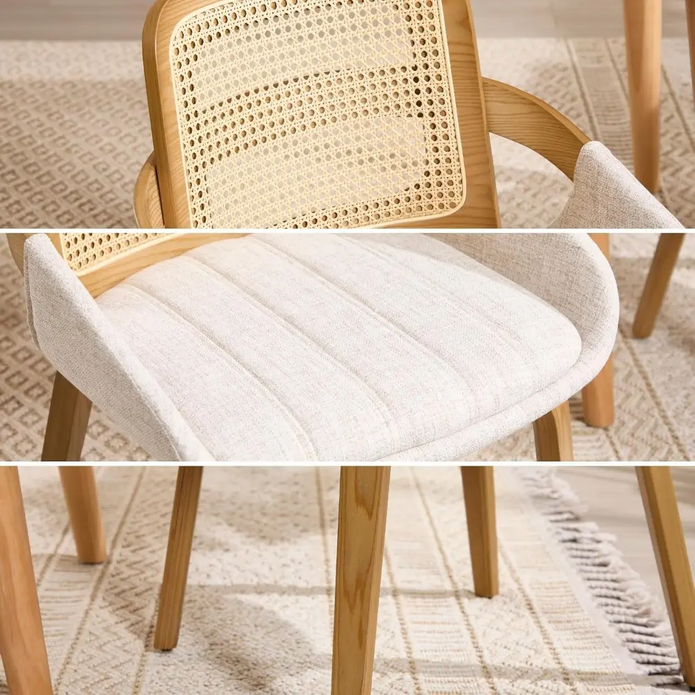Modern Linen Dining Chairs Set of 4, Cane Back Room Chairs with Solid Wood Legs Kitchen Chairs for Living Room, Restaurant, Bei