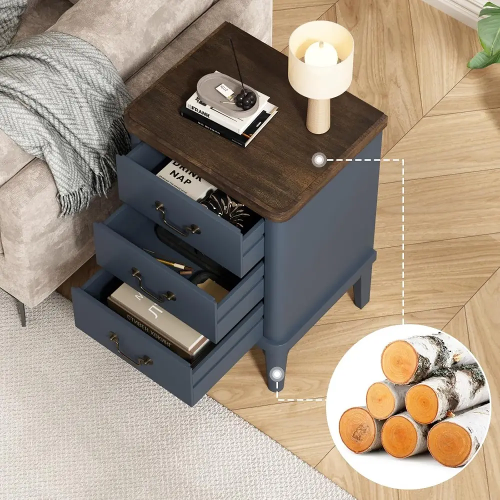 Farmhouse Nightstand with 3 Drawers，Modern Bedside Table with Round Curved Corner and Metal Handles, Wood End Side Table for Li