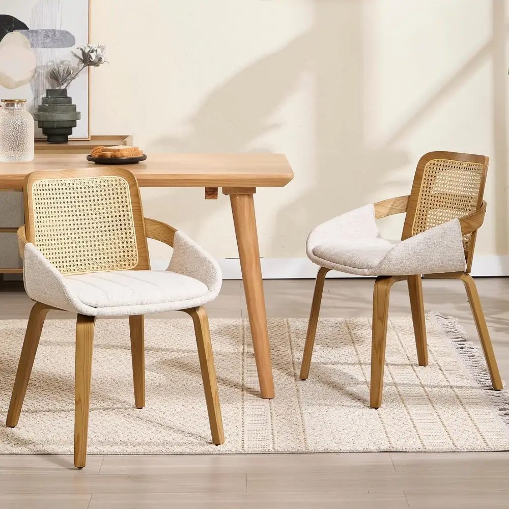 Modern Linen Dining Chairs Set of 4, Cane Back Room Chairs with Solid Wood Legs Kitchen Chairs for Living Room, Restaurant, Bei