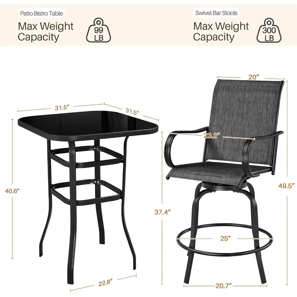 Yaheetech 3 Pieces Outdoor Swivel Bar Set, Patio Swivel Bar Stools Set with High Back/Armrest/Footrest Chairs and Tempered Glass